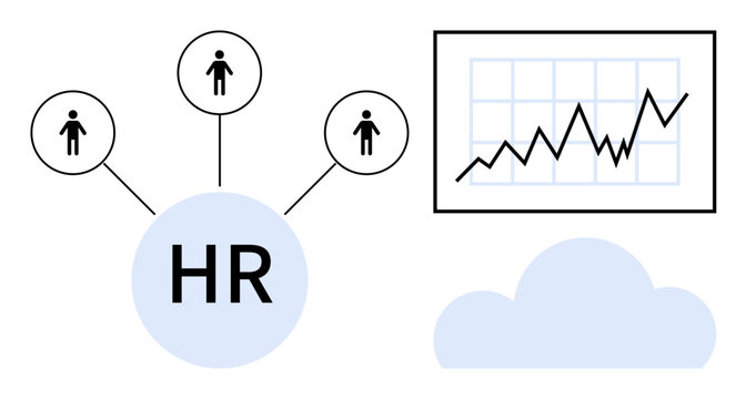 Human resources, workforce analytics, cloud computing, performance management, HR systems, data visualization. Network connecting figures to HR, cloud and a chart. Workforce analytics and cloud