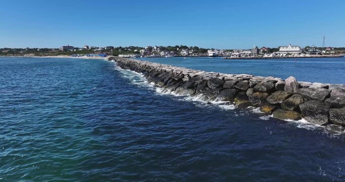 New Shoreham, RI, USA - August 8, 2026  Block Island, Rhode Island summer arial video of the breakwater barrier at Old Harbor.