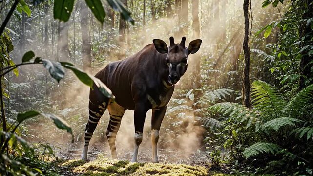 Enigmatic Okapi Emerges from Misty Forest Clearing