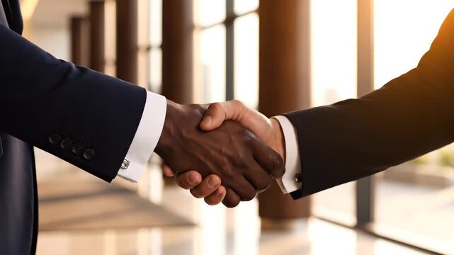 Two businessmen shaking hands closing deal indoors