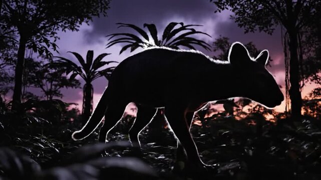 Fossa Silhouette in Madagascan Forest at Night