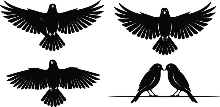 Black bird silhouette collection featuring flying crows and ravens with wings spread and a pair of birds sitting together isolated on white background.