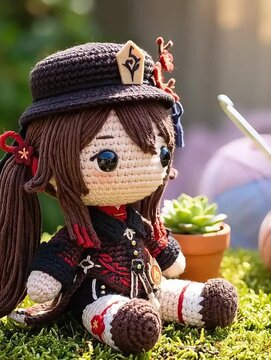 Crochet Doll with Long Brown Pigtails and Black Top Hat