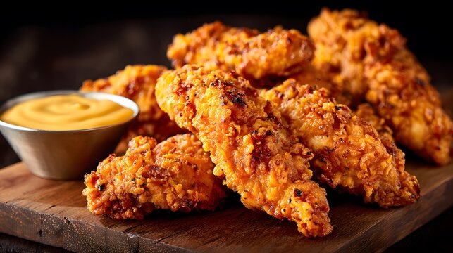 Crispy fried chicken tenders tangy dipping sauce clean professional stock photo sharp macro photography style cinematic realism ultra photorealistic no text no watermark
