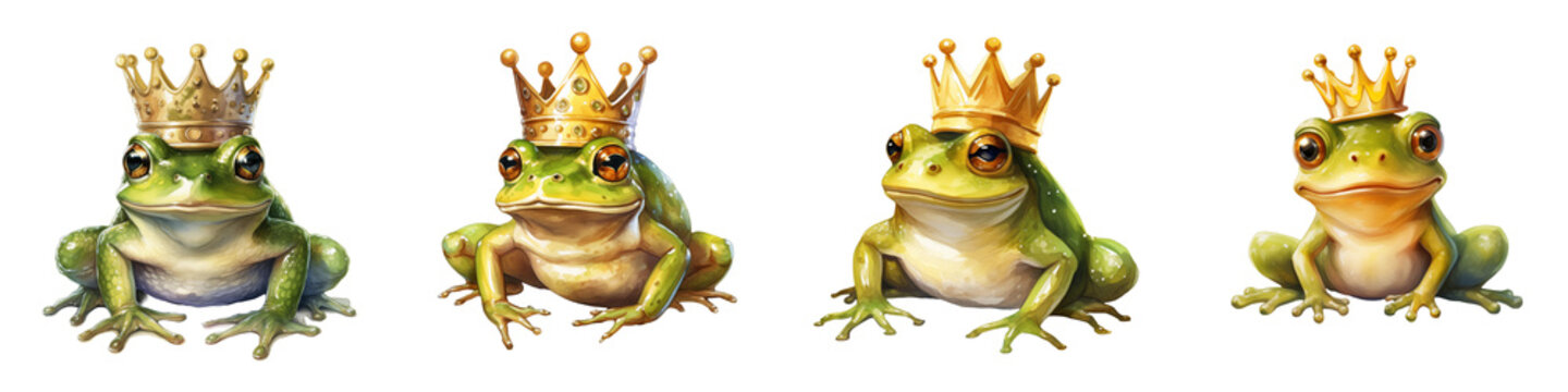 Group of whimsical frog princes wearing golden crowns against a black background