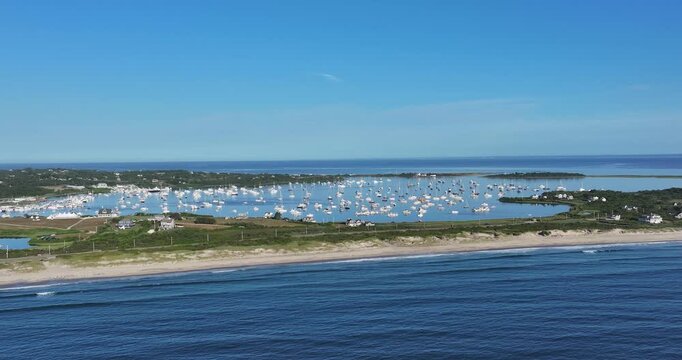 New Shoreham, RI, USA 08-08-2025: Summer aerial video of the Great Salt Pond on Block Island Rhode Island.