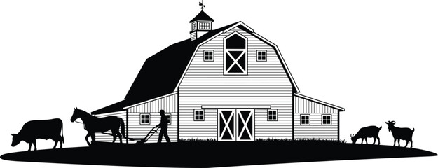 Vintage black barn silhouette illustration featuring farm animals like horse cow and goats with farmer plowing field isolated on white background for agricultural design. © MdHasmot