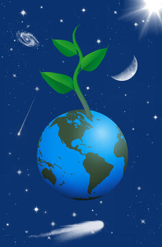 A green plant sprouts out of the earth in a 3-d illustration about keeping the earth green and healthy.
