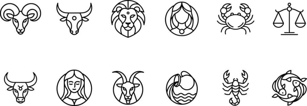 A collection of zodiac signs in simple line art style on a white background
