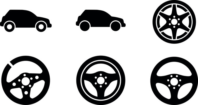 A set of black car and steering wheel icons on a white background
