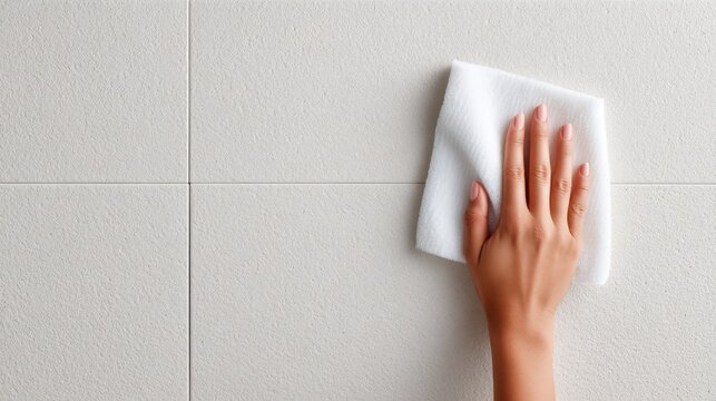 Person&rsquo;s hand, wiping kitchen surface, cleaning actions, Cleanliness Begins at Home - Hand Wiping Tiled Wall in Bright Kitchen Setting with Copy Space for Text