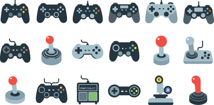 A collection of various gaming controllers and joysticks for video games