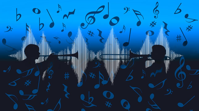An equalizer sound wage graph is the background for a silhouetted trombone player and a trumpet musician in this 3-d illustration.
