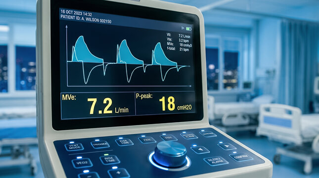 Close-up medical ventilator monitor displaying breathing waveform and respiratory data. Mechanical ventilation screen shows MVe and P-peak values in hospital intensive care unit at night. Copy-space