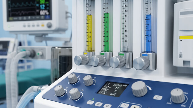 Anesthesia medical machine ventilation control section features graduated glass flowmeter tubes for oxygen and gas monitoring with tactile dials and digital parameter display in hospital surgery room.