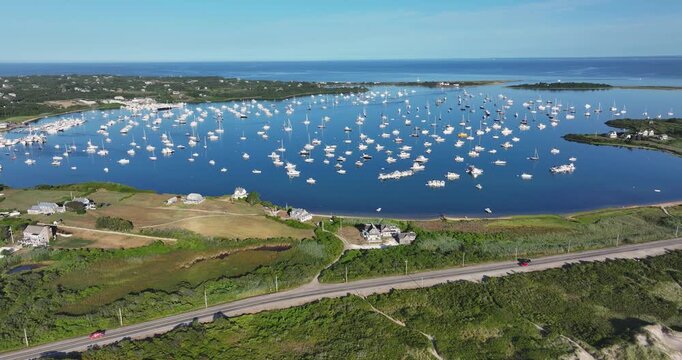 New Shoreham, RI, USA 08-08-2025: Summer aerial video of the Great Salt Pond on Block Island Rhode Island.