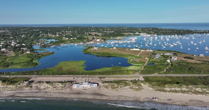 New Shoreham, RI, USA 08-08-2025: Aerial video over Scotch Beach, New Shoreham, Block Island, Rhode Island