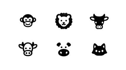 Fototapeta premium Minimalist black and white animal head icons set. Simple flat design vector graphics featuring monkey, lion, cow, panda, and cat faces.