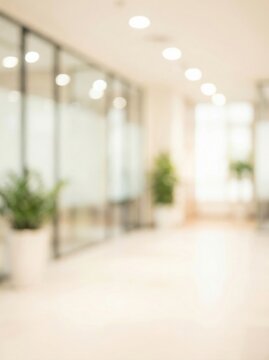 blurred bright modern office corridor with glass partitions and green plants, clean professional workplace interior, minimal background for business, corporate, healthcare, tech banners and web design