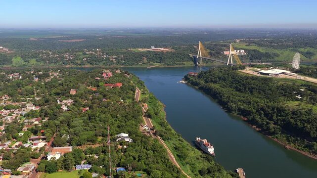 Aerial view shows Puente de la Integraci&oacute;n connecting Brazil and Paraguay over Paran&aacute; River from Argentine side.