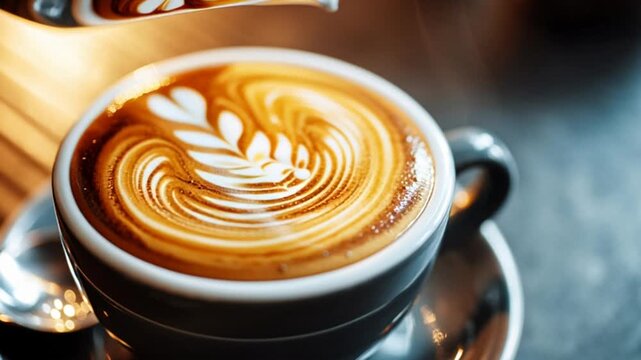 Latte art being poured into a ceramic cup creating intricate patterns and a warm inviting atmosphere perfect for coffee shop branding or lifestyle content