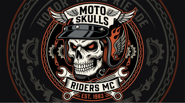 Moto Skulls Riders MC Emblem - A Bold Motorcycle Club Design.
