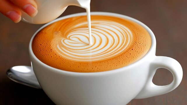 Latte art being poured into a white ceramic cup swirling milk creates an intricate design on the creamy foam surface showcasing barista skill and coffee culture