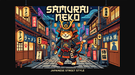 Obraz premium Samurai Neko in Japanese Street Style Illustration.