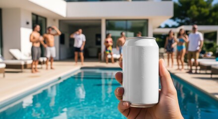 Fototapeta premium Hand Holding Blank White Aluminum Can with Water Droplets at a Summer Pool Party in a Modern Villa