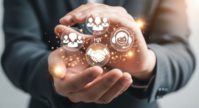 businessman hands holding glowing hr recruitment customer support and handshake icons with golden sparkles, teamwork, hiring, management, corporate, professional, business, service, partnership