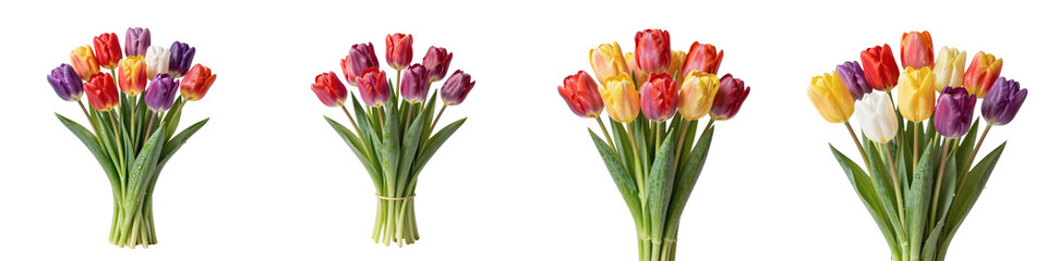 Fototapeta premium Various bouquets of colorful tulips isolated against a black backdrop are presented