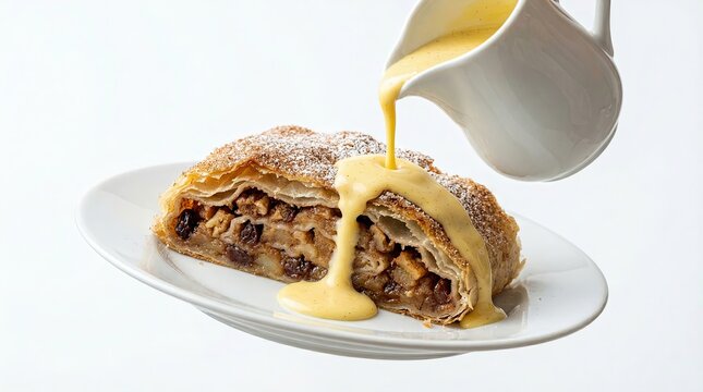 Slice of apple strudel with vanilla sauce pouring from a jug. Copy space for text.