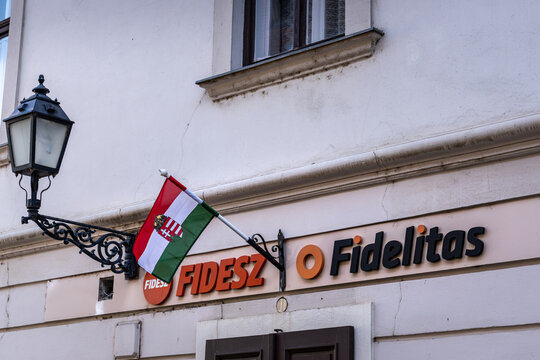 Gyor, Hungary - Jan. 30, 2025: Signage at the office of the national-conservative political party FIDESZ and the youth affiliate Fidelitas.