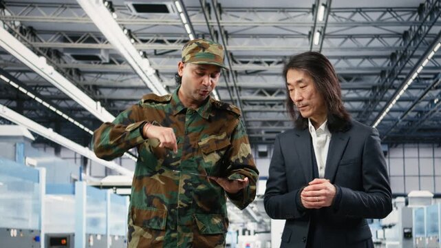 Increasing microchips production, defense systems and soldier with microelectronics factory manager working together. Upgrading semiconductors, chip war and military officer, camera A