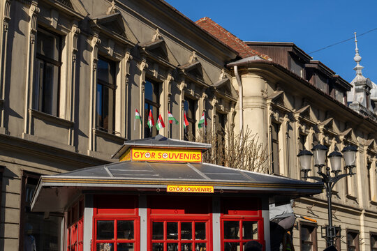 Gyor, Hungary - Jan. 30, 2025: Gyor Souvenirs kiosk downtown with Hungarian flags