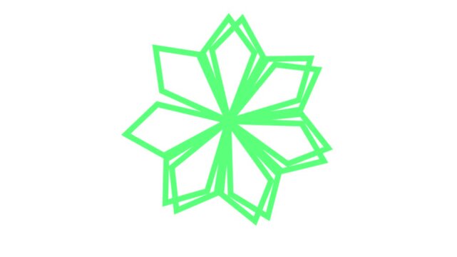 Green geometric outline of a flower blooming and closing with symmetrical line art style.