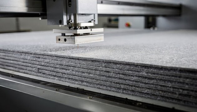 Medium shot of an industrial diecutting machine slicing through thick microfiber fabric layers showcasing precision and clean synthetic material sheets in a modern workshop.