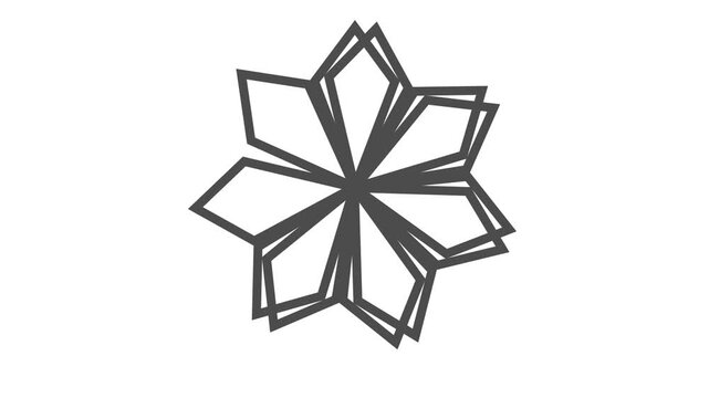 Minimalist black geometric floral shape unfolding and closing in a symmetrical motion.