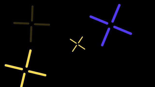 Colorful rotating star icons and spark elements animation on black background.