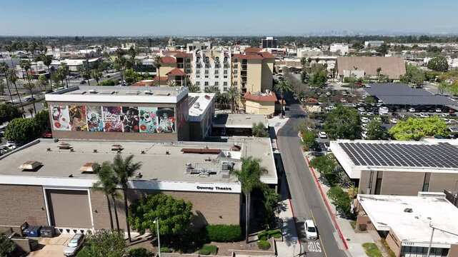 Downey, California, USA - Drone Aerial View of Theatre in Downtown on Firestone Blvd on a Sunny Day