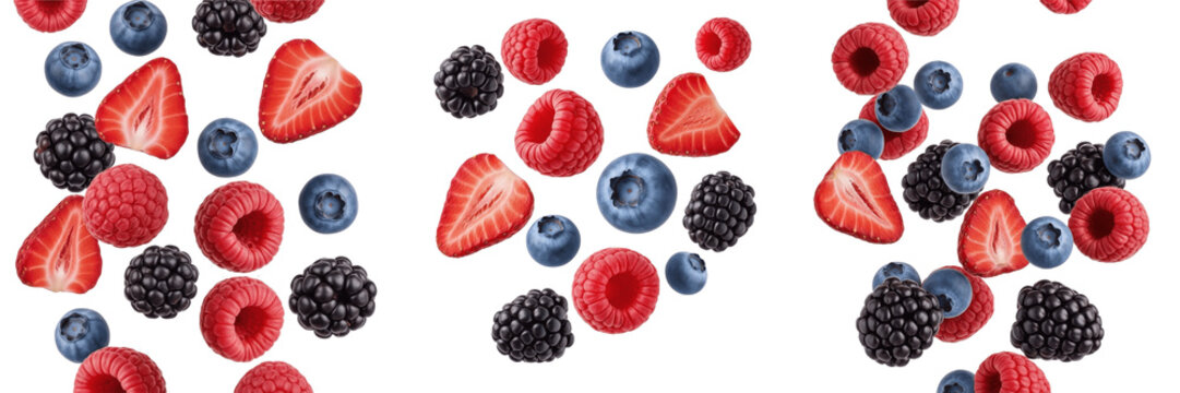 Set of falling mixed fresh berries with strawberries blueberries and raspberries explosion isolated on white background