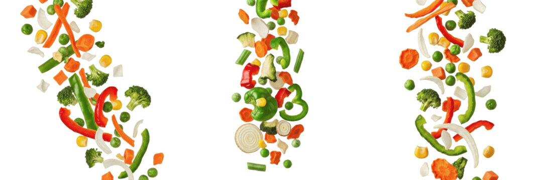 Set of falling mixed fresh vegetables and sliced garden greens explosion isolated on white background