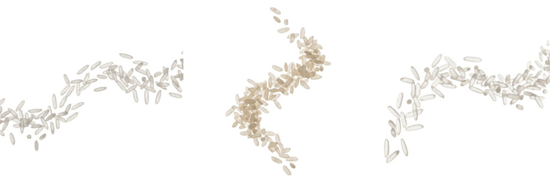 Raw basmati rice grains falling and splashing on white background