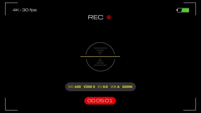 Recording camera screen interface with timer on a transparent background, Landscape format 4K video with alpha channel.