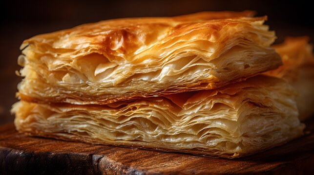 Flaky layer of Greek phyllo dough stacked create magnificent Bourek flaky pastry wrapped around succulent savory filling clean professional stock photo sharp macro photography style cinematic realism