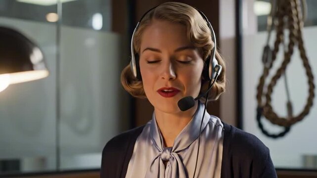 Refined office portrait centered on 50's style outfits with a bow blouse, neat cardigan, classic wave hairstyle, and vintage-inspired headset styling under warm desk light in a polished workspace