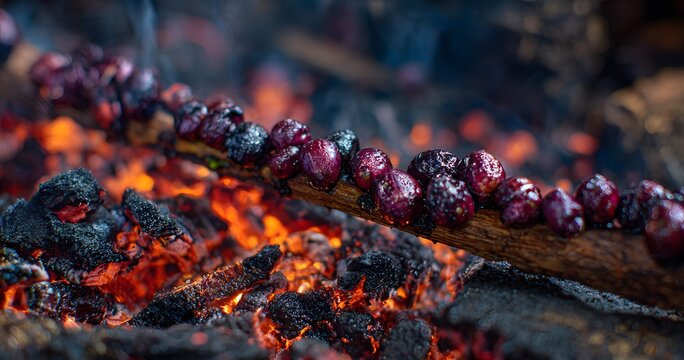 Deep within depth of Amazon indigenous group slowly roast Aa fruit over wooden fire infusing earthy forest inspired flavor clean professional stock photo sharp macro photography style cinematic