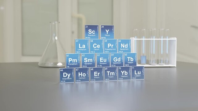 Rare earth symbols on a laboratory table. 3D animation.