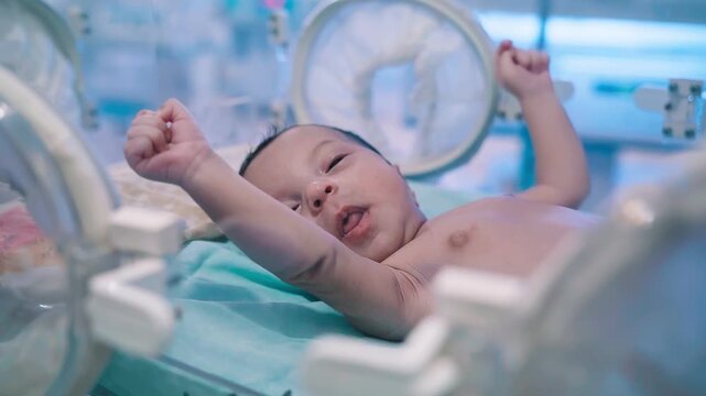Closeup lovely little newborn baby infant lying in incubators for newborns, Newborn baby having the the breathing problem after birth, newborn in NICU, Neonatal intensive care unit.