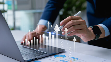 Global business growth analysis with asset investment chart, financial graph with upward arrow,...